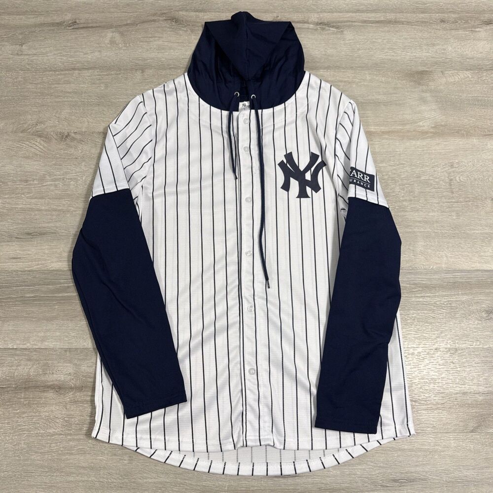 New York Yankees Jersey Hoodie Shirt Men’s White Blue Pinstripe XL Long Sleeve